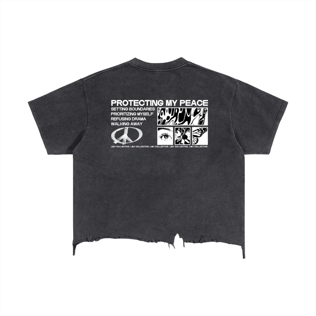 PROTECTING MY PEACE Vintage Wash Boxy Distressed Hem T-Shirt