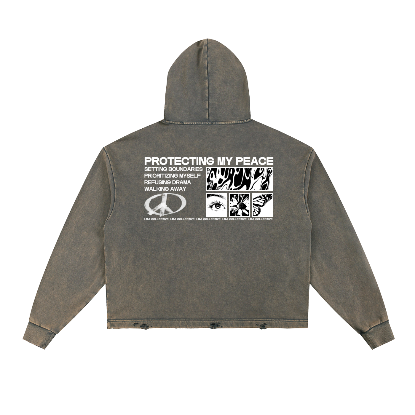 PROTECTING MY PEACE Vintage Washed Frayed-Hem Hoodie