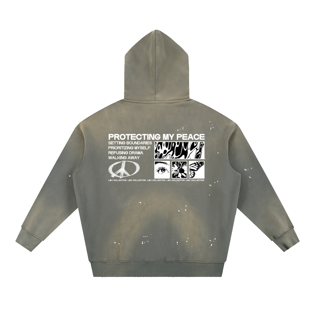 PROTECTING MY PEACE Vintage Washed Frayed Fleece Hoodie