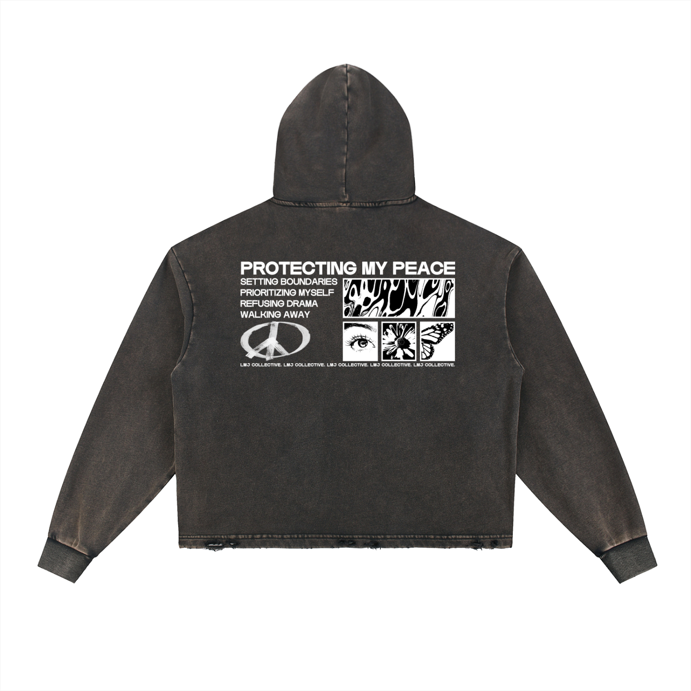 PROTECTING MY PEACE Vintage Washed Frayed-Hem Hoodie