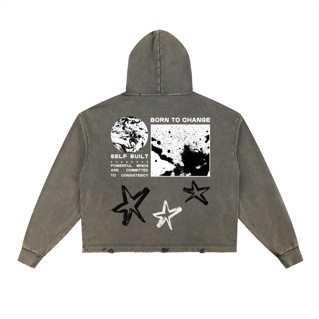 BORN TO CHANGE Vintage Washed Frayed-Hem Hoodie