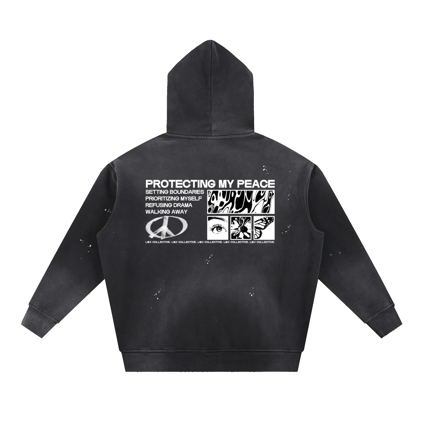 PROTECTING MY PEACE Vintage Washed Frayed Fleece Hoodie